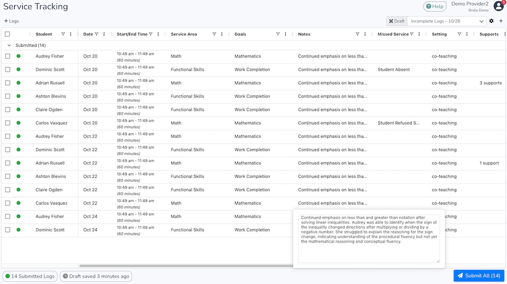 screenshot of Brolly service tracking report