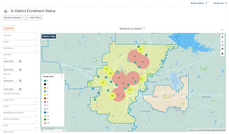 screenshot of the in-district enrollment status map and report