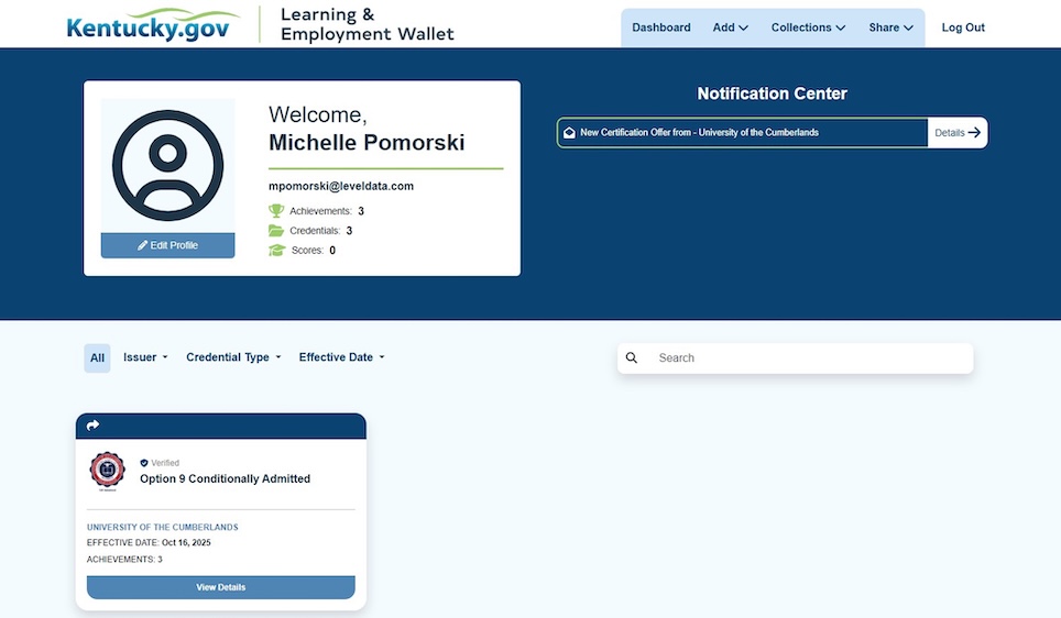 screenshot of learning and employment wallet