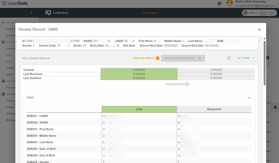 screenshot of updated SIMS record side-by-side