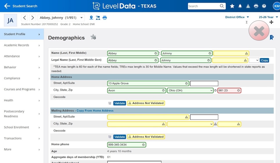 screenshot of student validation page with color highlights