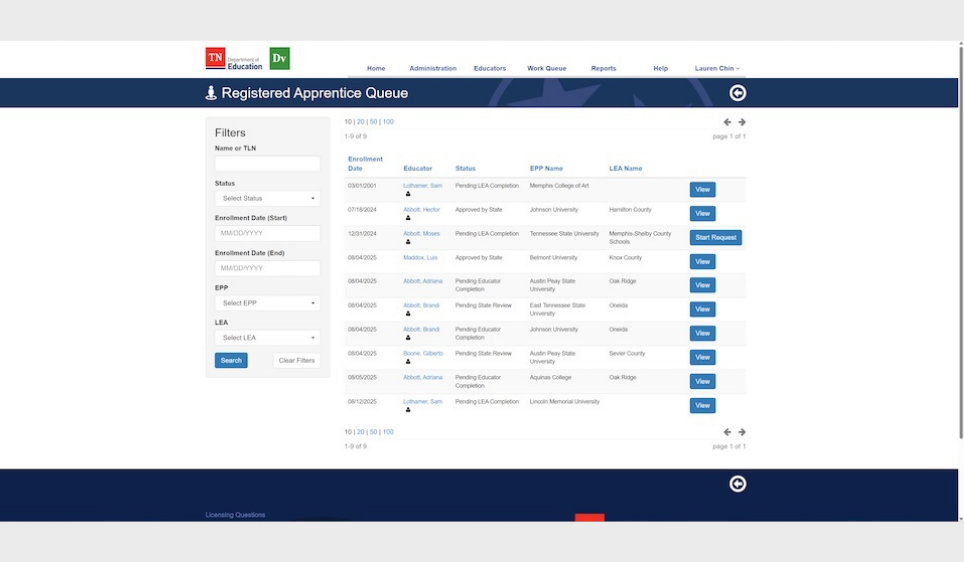 screenshot of TNDOE registered apprentice queue page