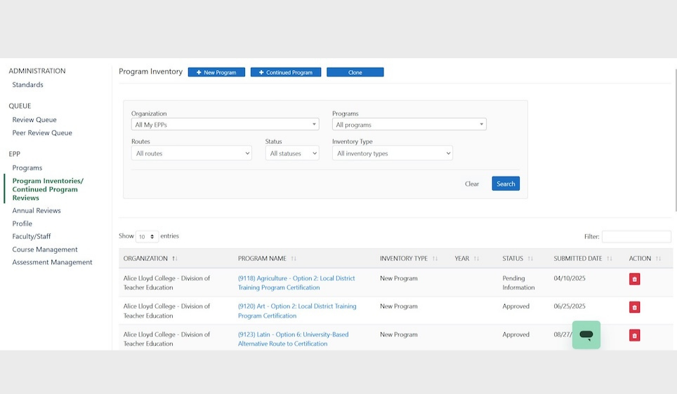 screenshot of EPP program inventory page